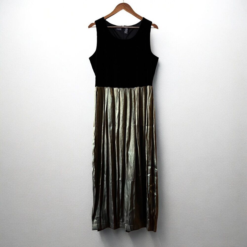 Vintage Hillard & Hanson Black Velvet Gold Pleated Sleeveless Maxi Dress Size 16